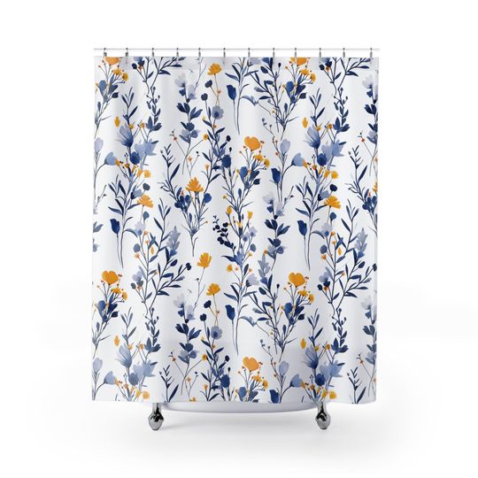 Discover French Blue Cottage Yellow And Blue Wildflowers Shower Curtain