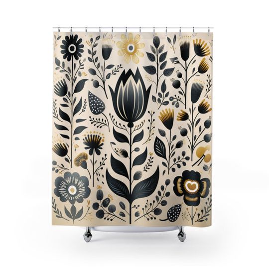 Discover Scandinavian Black And Cream Floral Shower Curtain