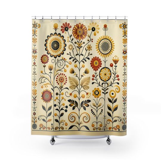 Discover Scandinavian "Golden Garden" Folk Art Wildflowers Floral Shower Curtain