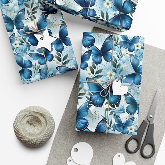 Discover Blue Butterfly Wrapping Paper Floral White Blue Butterflies Gift Wrap