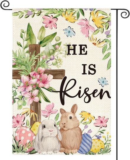 Discover He Is Risen Easter Bunnies Flowers Cross Easter Day Garden Flag