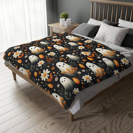 Discover Cute Ghost with Orange Flowers Halloween Velveteen Minky Blanket