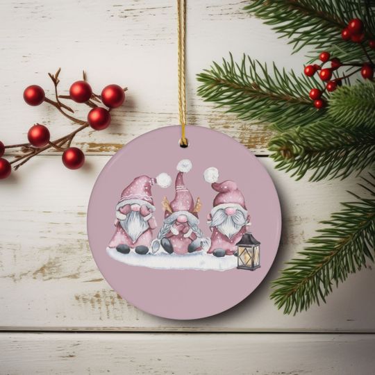 Discover Pink Christmas Gnomes Ceramic Ornament, Holiday/Season