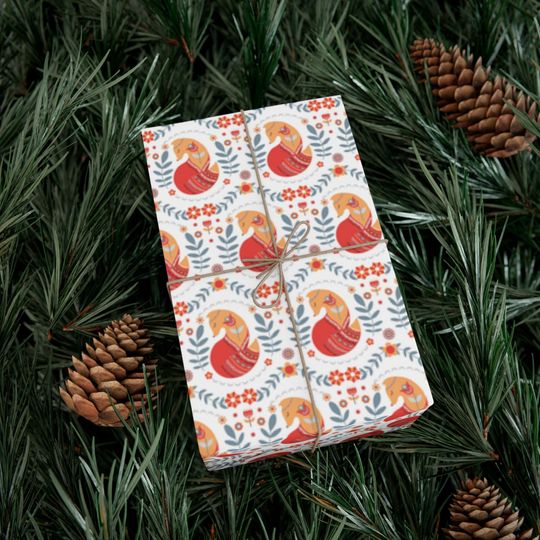 Discover Scandinavian Christmas Fox | Swedish Floral Art | Christmas Folk Art | Wrapping Paper Roll