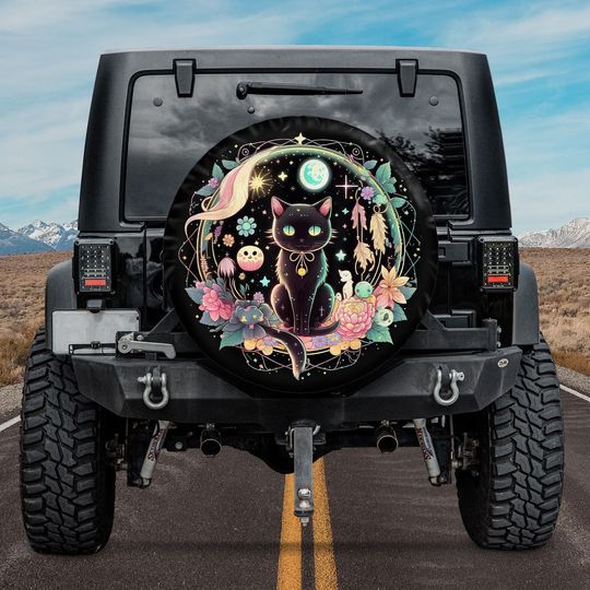 Discover Moon Phases Crystal Witchy Cute Black Cat Spare Tire Cover