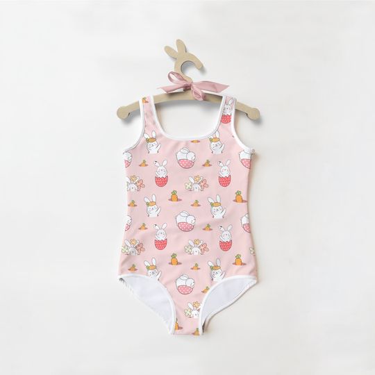 Discover Girls Easter Bunny, Eggs & Carrot Swimsuit | Toddler Bathing Suit | Cute | Quick Drying