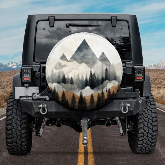 Discover Foggy Geometric Mountains And Forest Spare Tire Cover