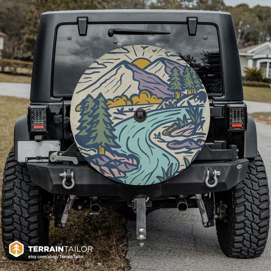 Discover Hand Drawn Mountain Campground Scene Spare Tire Cover