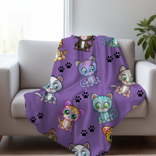 Discover Cute Cats and Paws Purple Throw Blanket