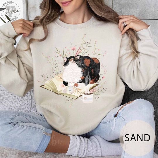 Discover Bookish Sweatshirt, Book Lover Sweatshirt, Floral Cat Sweatshirt