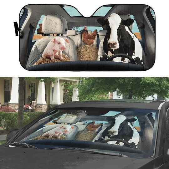 Discover Funny Farm Animal Cow Hen Pig Chicken Design Gloss Sunshade