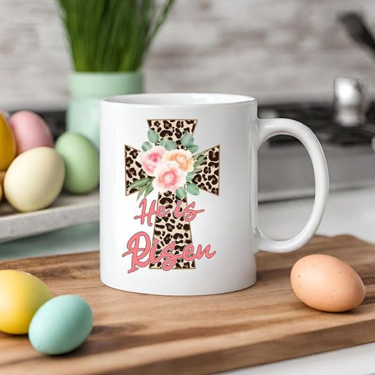 Discover He Is Risen Coffee, Christian Leopard Print Cross Coffee Mug