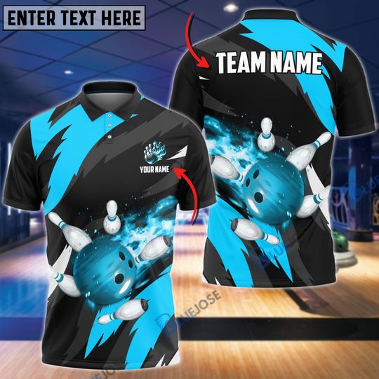 Discover Bowling And Pins Blue Flaming Throw Customized Name 3D Shirt