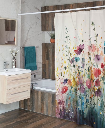 Discover Wildflowers Shower Curtain | Colorful Floral Bathroom Dcor | White Blue Green Red