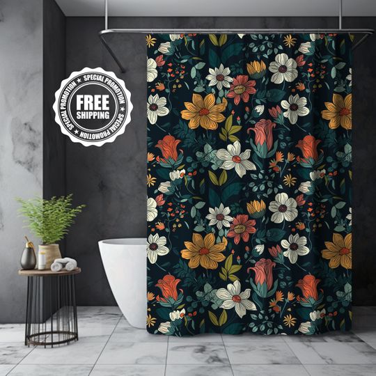Discover Black Bohemian floral  shower curtain