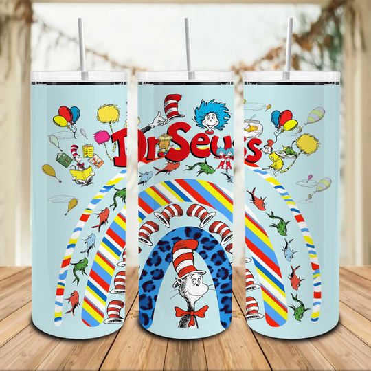 Discover Rainbow Cartoon Character 20oz Tumbler, Seuss Geisel Teacher Read Book Tumbler