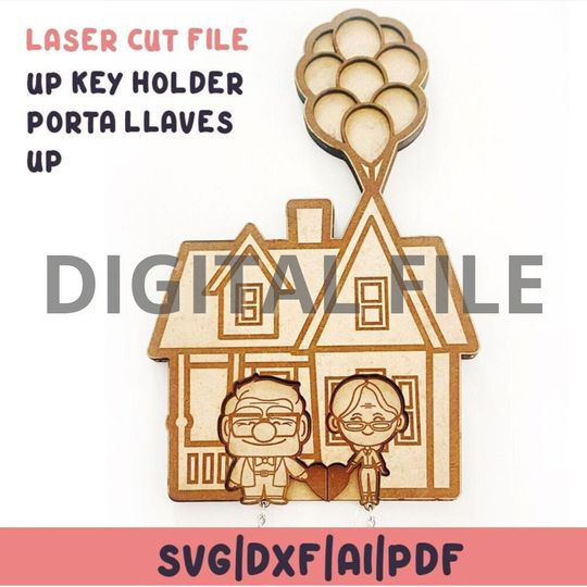 Discover LASER cut file Casa UP. Laser Cut File. UP keychain. Carl and Ellie. cnc. svg, dxf, ai and pdf. 3 layers. Movie up key holder.