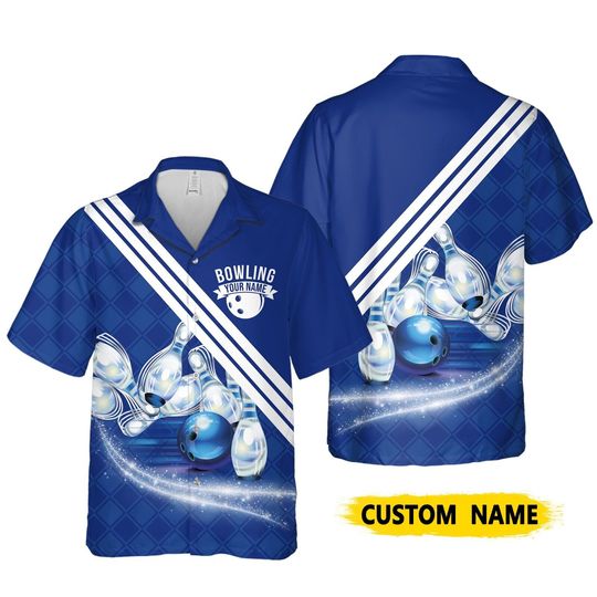 Discover Personalized Bowling Shirts Blue Checked, Custom Name Bowling Hawaiian Shirt