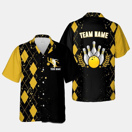 Discover Custom Bowling Personalize Name Yellow Checked Bowling Button Hawaiian Shirt