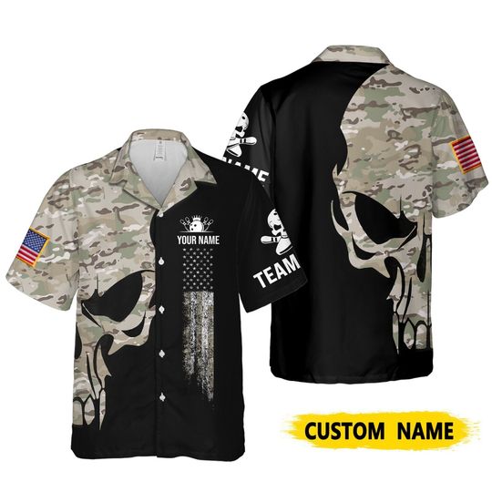 Discover Personalize Skull Camouflage Military Patriotic Custom Bowling Hawaiian Shirt