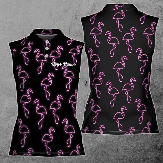 Discover Black Neon Pink Flamingos Pattern 3D Women Sleeveless Polo