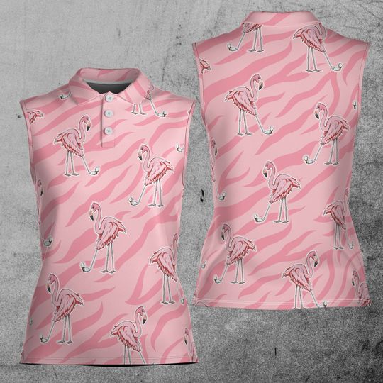 Discover Flamingo Golfing Pink Zebra Pattern Golf Lover 3D Women Sleeveless Polo