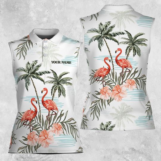 Discover Custom Name Pink Flamingo Summer Tropical 3D Women Sleeveless Polo