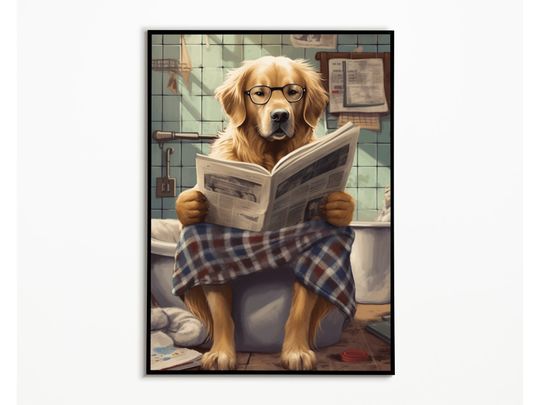 Discover Golden Retriever on the toilet and reading newspaper