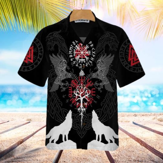 Discover Viking Raven And Wolf White Silhouette Hawaiian Shirt