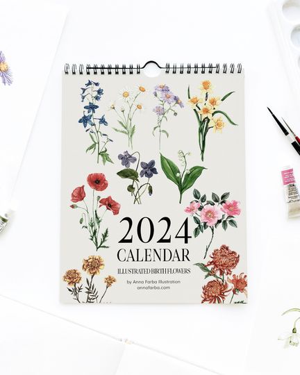 Discover 2024 Illustrated Calendar, Floral Wall Calendar, Botanical Art Calendar - Watercolor Birth Flowers