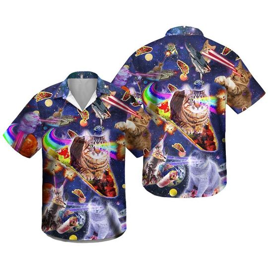 Discover Cat Ride Food In Space Galaxy Hawaiian Shirt