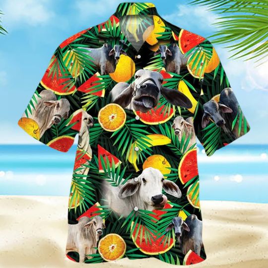 Discover Brahman Cattle Lovers Tropical Fruits Hawaiian Shirt