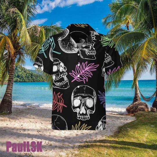 Discover Vintage Skull Aloha, Palm Tree Leaves Hawaiian Shirt