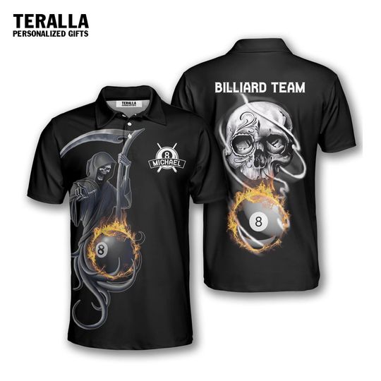 Discover Custom Name, Team Skull With Hand Billiard 8 Ball Short Sleeve Polo Shirt For Men