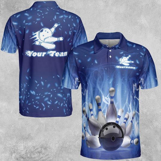 Discover Custom Bowling Player Name Team Name On Blue Bowling Men's Polo Shirt