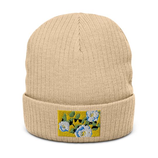 Discover Beanie White Flowers Art  Embroidered Ribbed