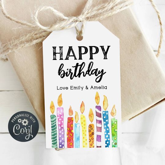 Discover Printable Happy Birthday Gift Tag, Watercolor Candles Favor Tag