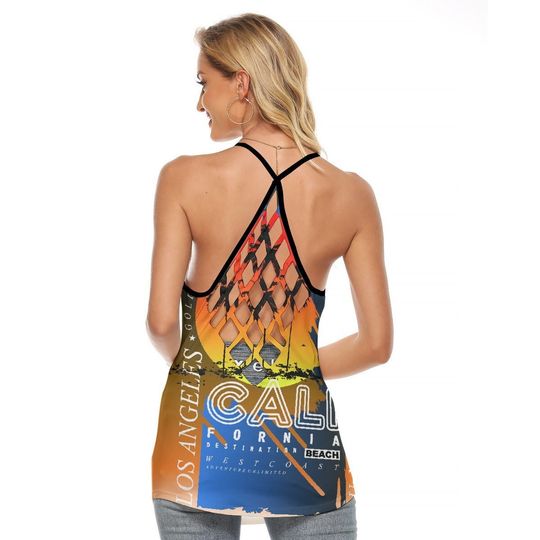 Discover Womens Cali Tank Top Criss Cross Open Back All-Over Print Microfiber Blend