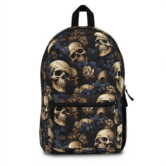Discover Gothic, White Flowers, Black Leaves and Skulls Backpack