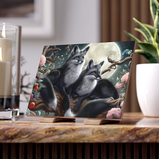 Discover Grey Foxes Fantasy Ceramic Photos Tile, Home Decor