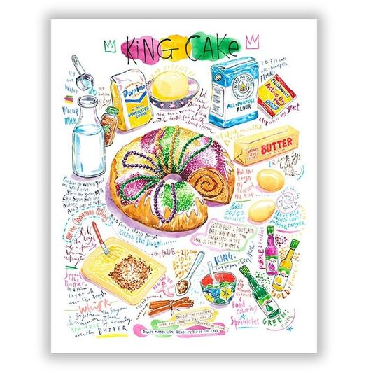 Discover Louisiana King Cake recipe print, Watercolor New Orleans Mardi Gras