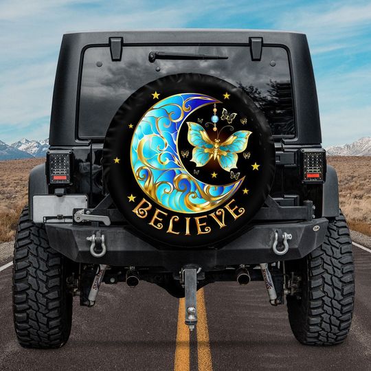 Discover Believe Spare Tire Cover With Or Without Camera Hole, Crescent Moon Butterfly Spare Tire Cover