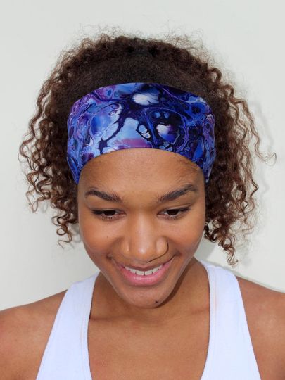 Discover Swim Headband, Blue Fluid Print, Yoga Sport Headband