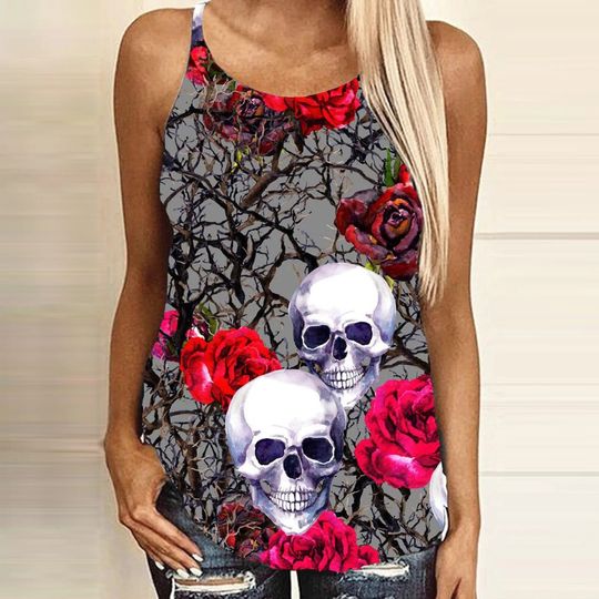 Discover Womens Summer Criss Cross Tank Top Gothic Skull And Rose