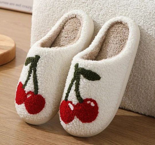 Discover cherry slippers white fluffy cosy Slippers