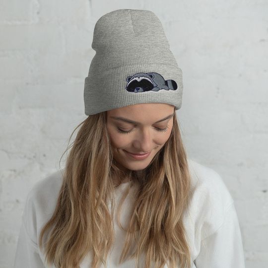 Discover Lazy Raccoon Cuffed Beanie/Embroidered Knitted hat