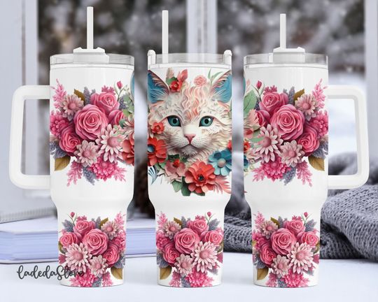 Discover 3D Cat Flower 40oz Quencher Tumbler Wrap, Cute Cat