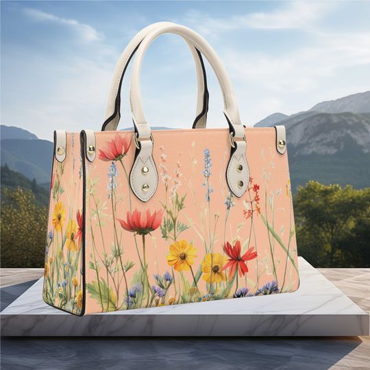 Discover Spring Floral Peach Yellow Botanical Leather Bag