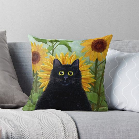 Discover Cat with Sunflowers Throw Pillow