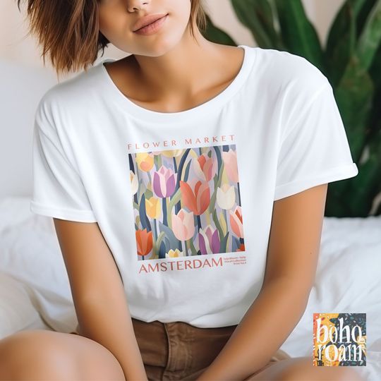 Discover Flower Market Print Shirt Neutral Minimalist Amsterdam Floral Art T-Shirt